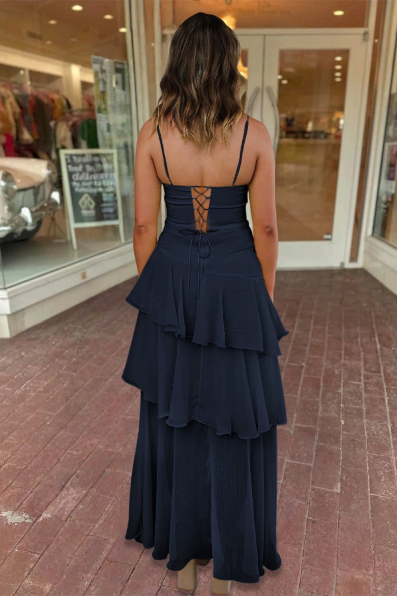 Yellow Spaghetti Straps Sheath Chiffon Pleated Formal Prom Dresses With Ruffles