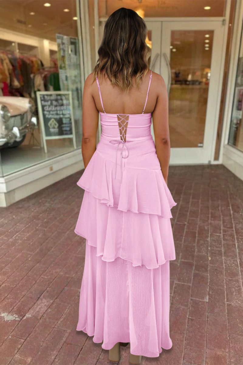 Yellow Spaghetti Straps Sheath Chiffon Pleated Formal Prom Dresses With Ruffles