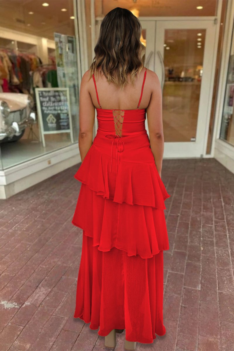 Yellow Spaghetti Straps Sheath Chiffon Pleated Formal Prom Dresses With Ruffles