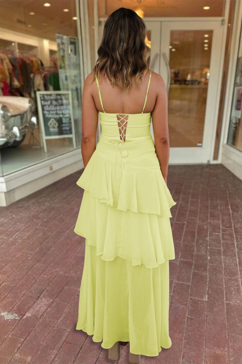 Yellow Spaghetti Straps Sheath Chiffon Pleated Formal Prom Dresses With Ruffles