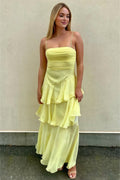 Yellow Spaghetti Straps Sheath Chiffon Pleated Formal Prom Dresses With Ruffles