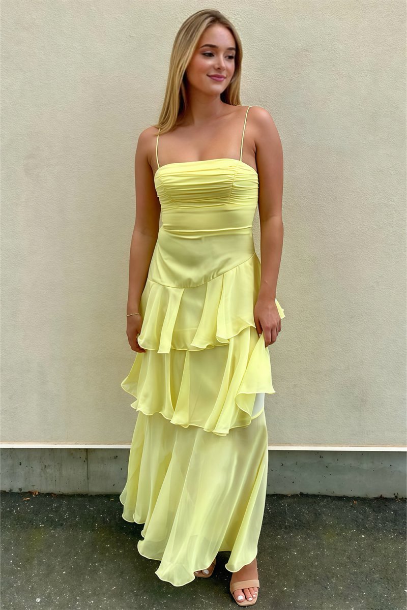 Yellow Spaghetti Straps Sheath Chiffon Pleated Formal Prom Dresses With Ruffles