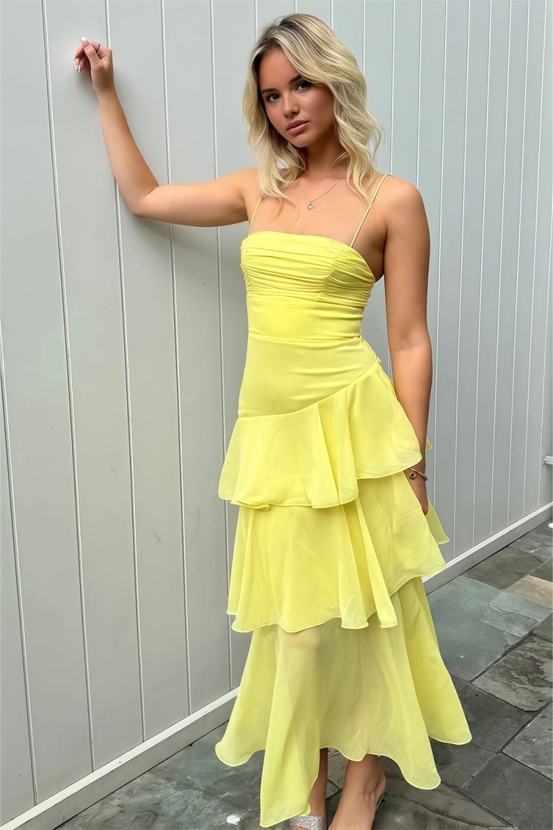 Yellow Spaghetti Straps Sheath Chiffon Pleated Formal Prom Dresses With Ruffles