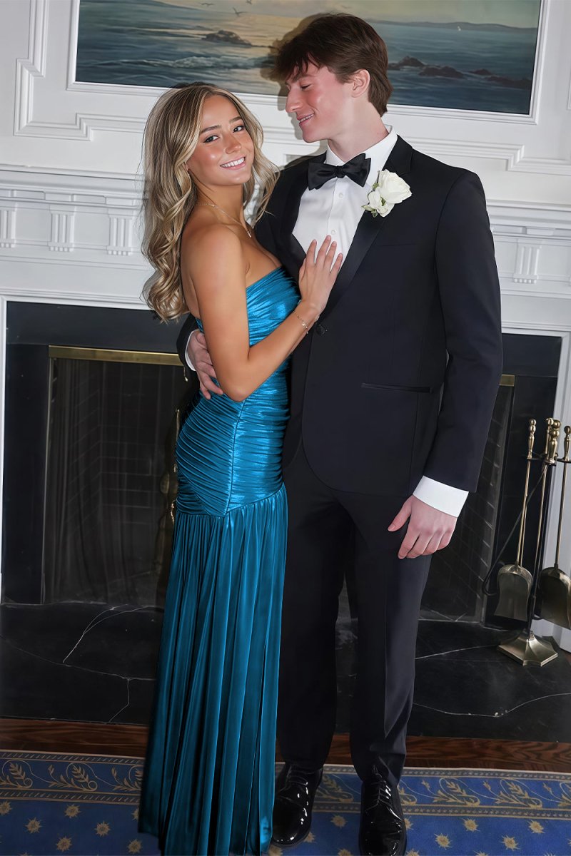 Champagne Mermaid Strapless Metallic Long Prom Dresses with Pleats