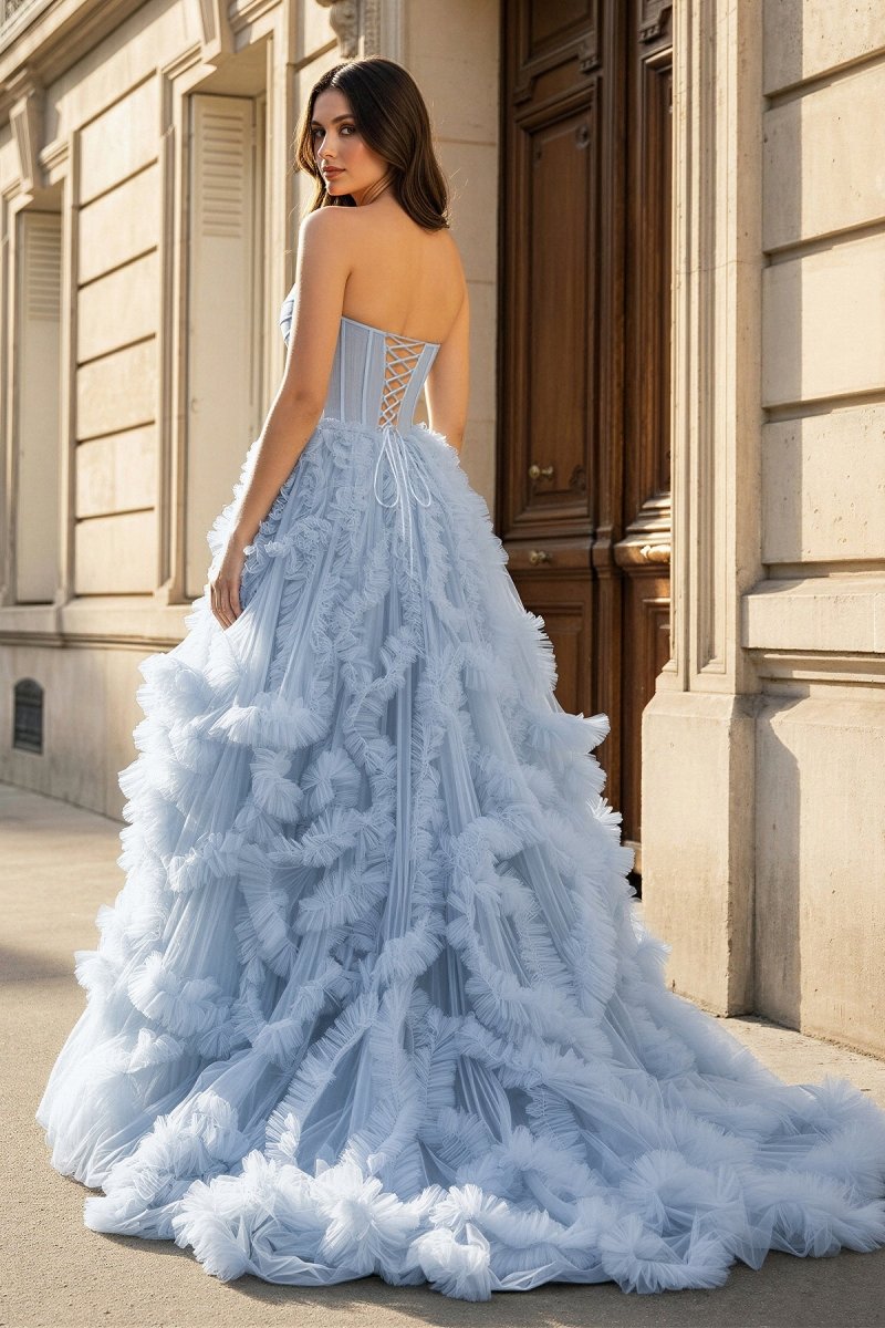 Blue Sweetheart Ruffle Tulle A-Line Long Prom Dresses with Slit