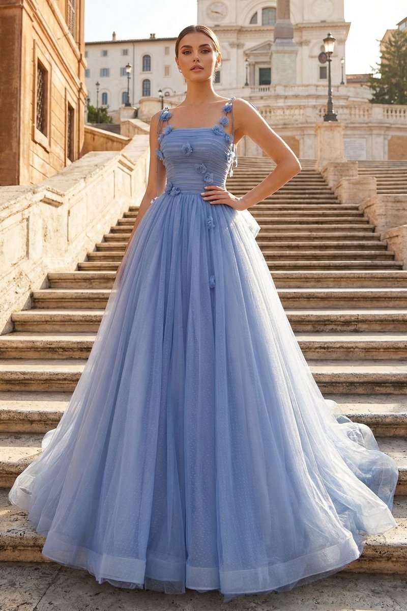 Blue Tulle Long A-Line Prom Dress Blue Spaghetti Straps Party Dress with Bow