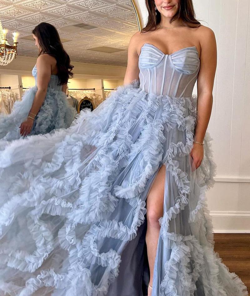 Blue Sweetheart Ruffle Tulle A-Line Long Prom Dresses with Slit