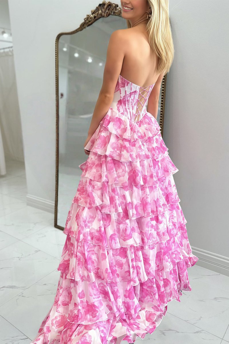 Pink - A-Line Floral Chiffon Strapless Ruffled Beaded Long Prom Dresses with Slit