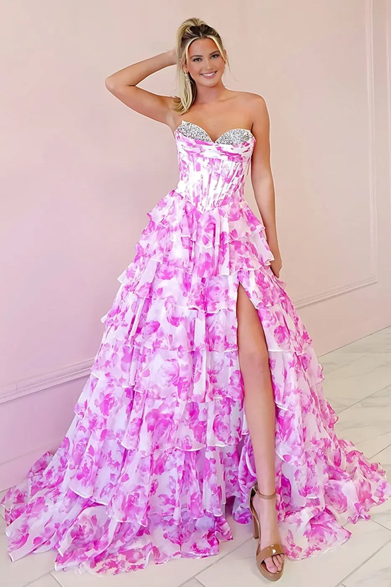 Pink - A-Line Floral Chiffon Strapless Ruffled Beaded Long Prom Dresses with Slit