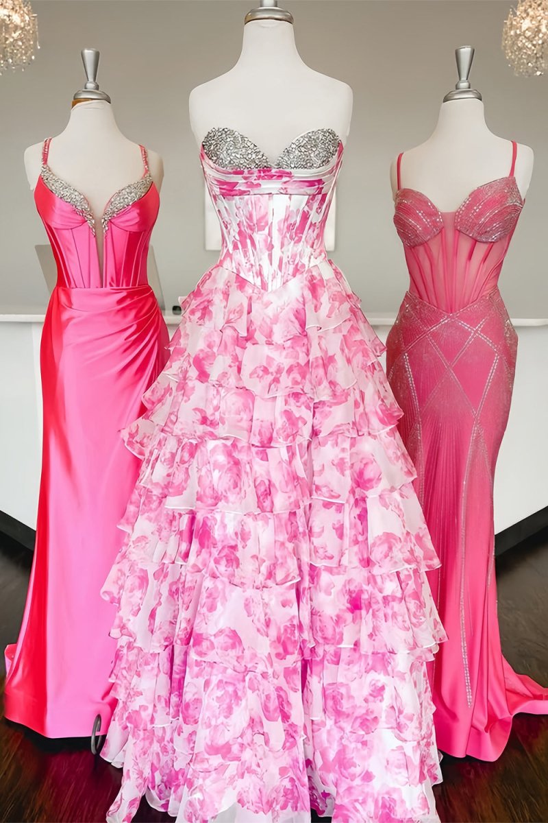 Pink - A-Line Floral Chiffon Strapless Ruffled Beaded Long Prom Dresses with Slit