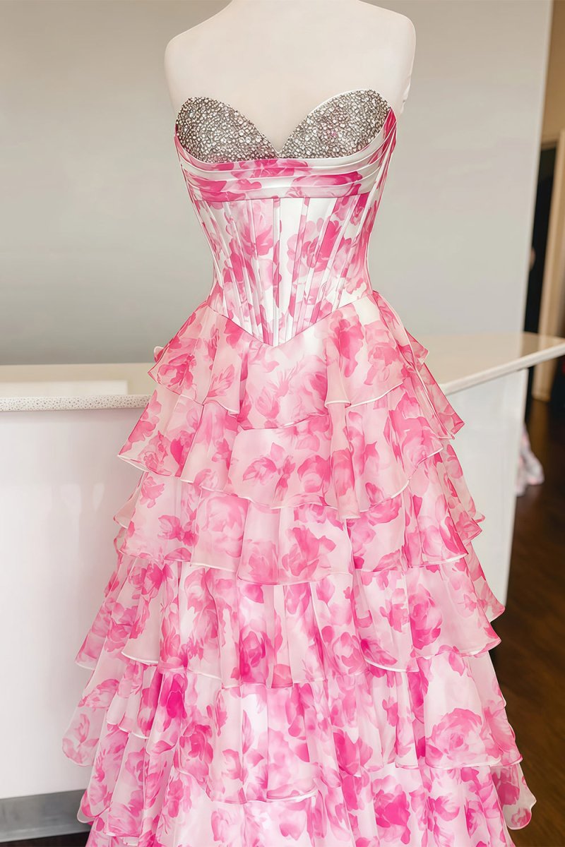 Pink - A-Line Floral Chiffon Strapless Ruffled Beaded Long Prom Dresses with Slit