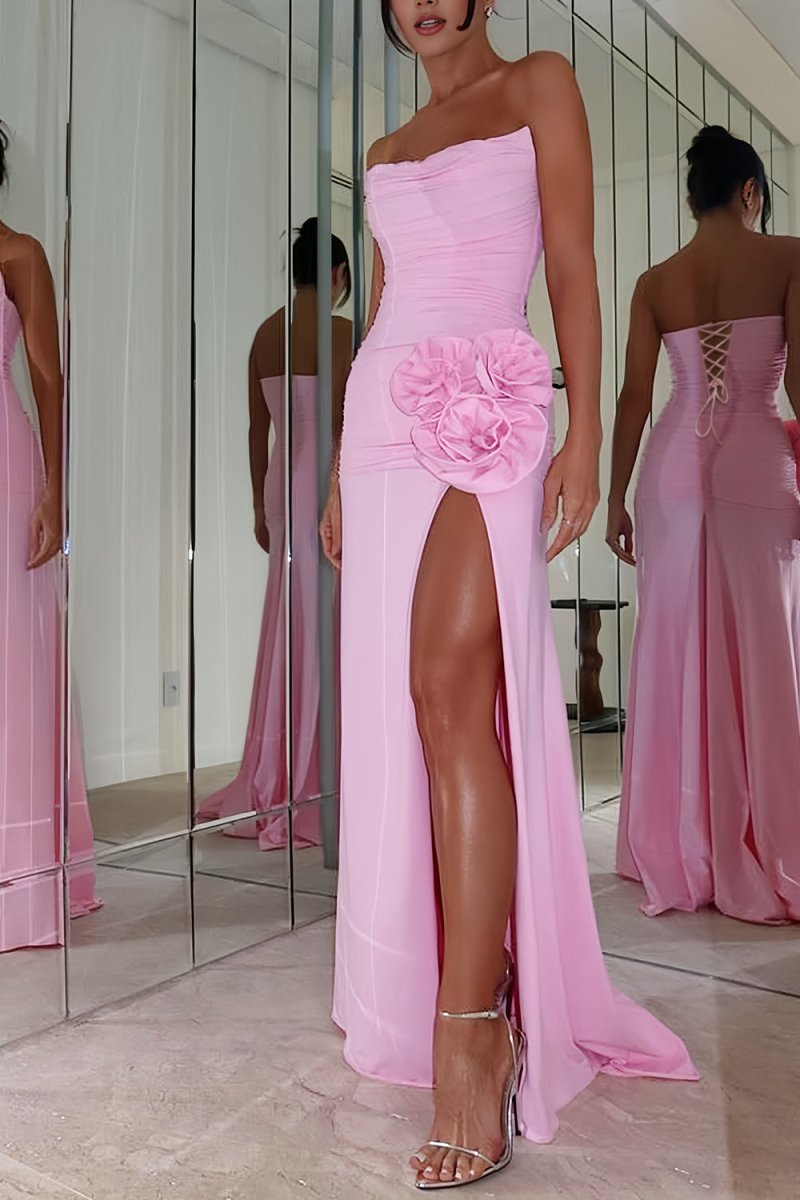 Pink - Strapless Mermaid Chiffon Pleated Long Prom Dresses With Floral