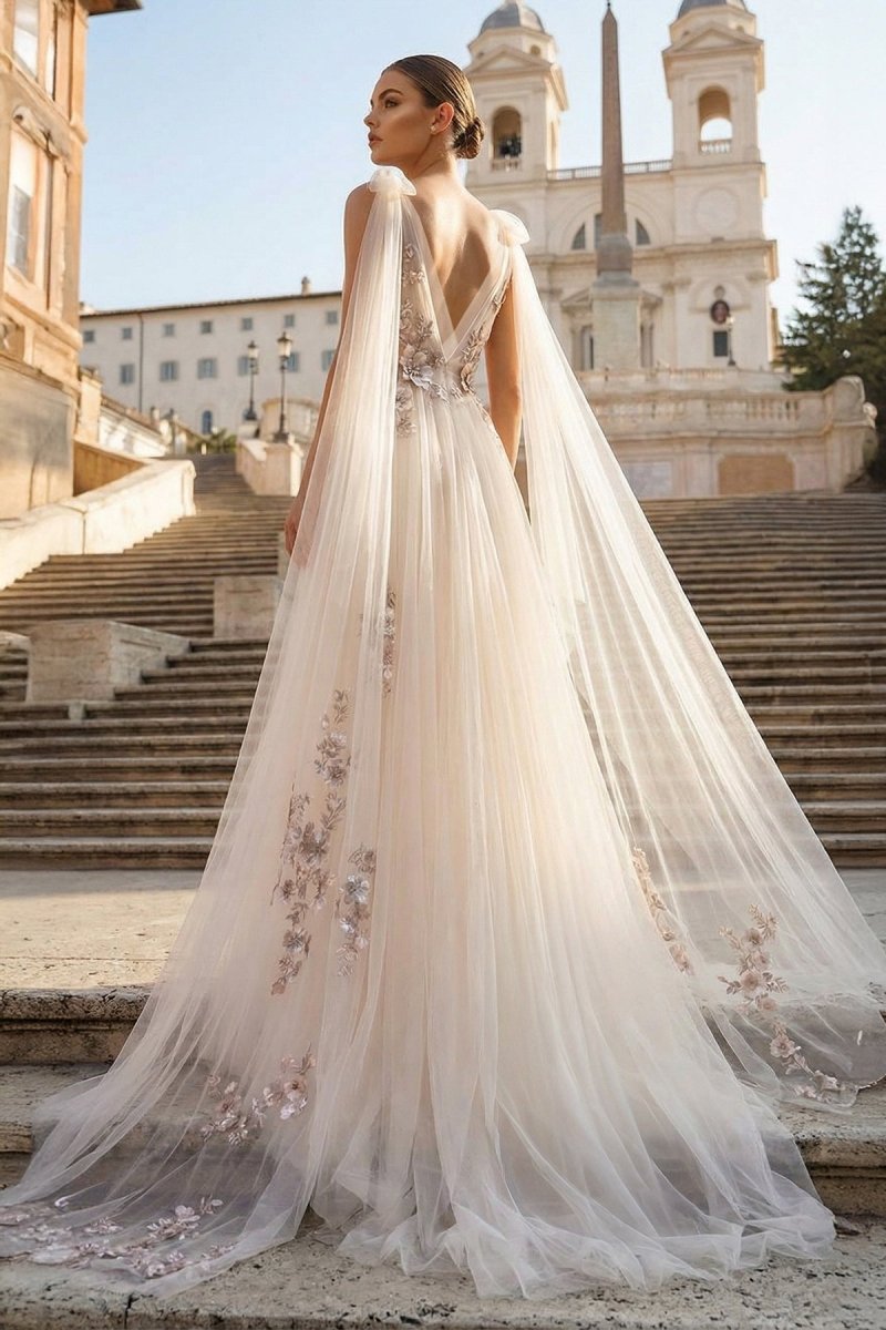 A-line Tulle Embroidery Deep-V Neck Floor-Length Prom Dresses