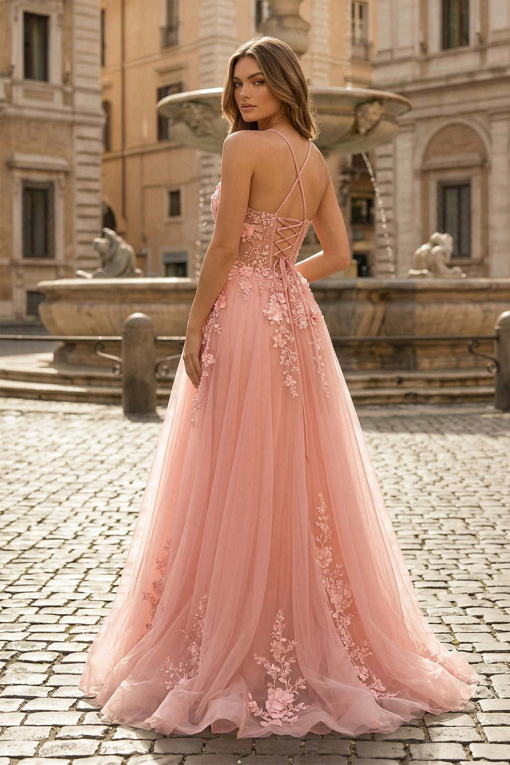 Coral Spaghetti-Straps A Line Tulle Prom Dress With Appliques