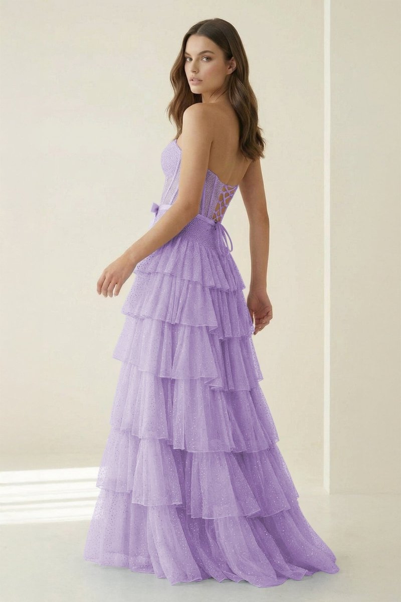 Black-White Strapless A Line Tulle Ruffled Formal Prom Dresses With Beading