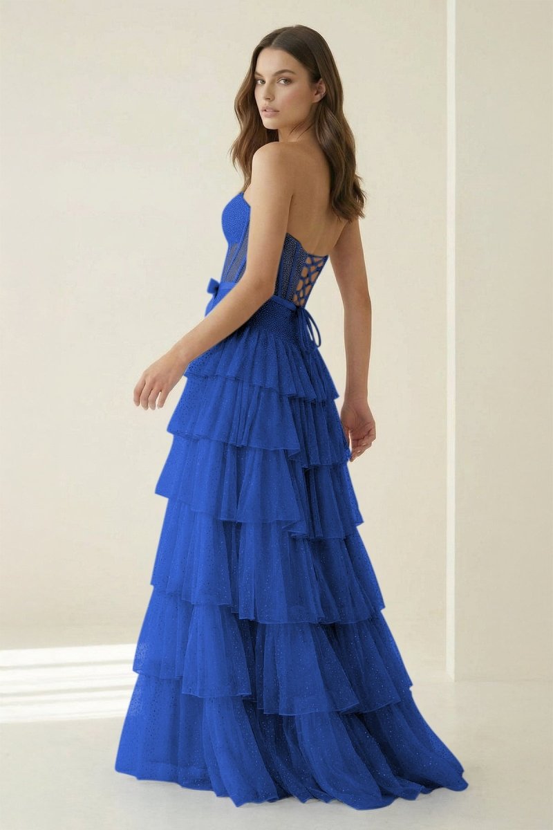 Black-White Strapless A Line Tulle Ruffled Formal Prom Dresses With Beading