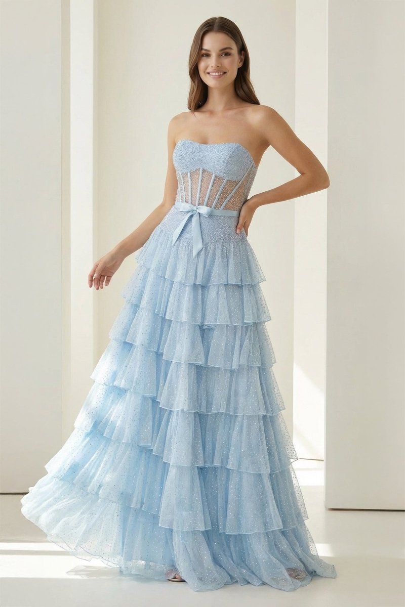 Black-White Strapless A Line Tulle Ruffled Formal Prom Dresses With Beading