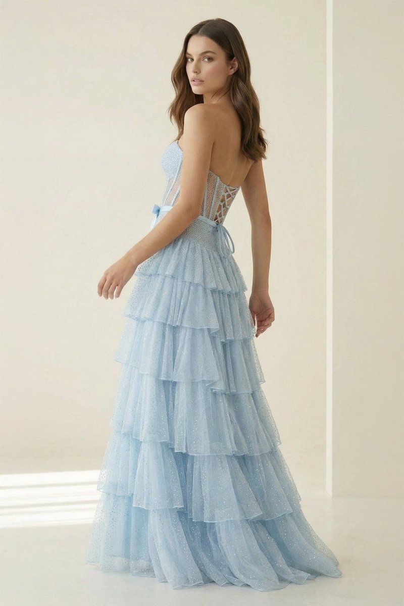 Black-White Strapless A Line Tulle Ruffled Formal Prom Dresses With Beading
