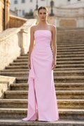 Pink - Mermaid Strapless Satin Pleated Long Prom Dress with Slit