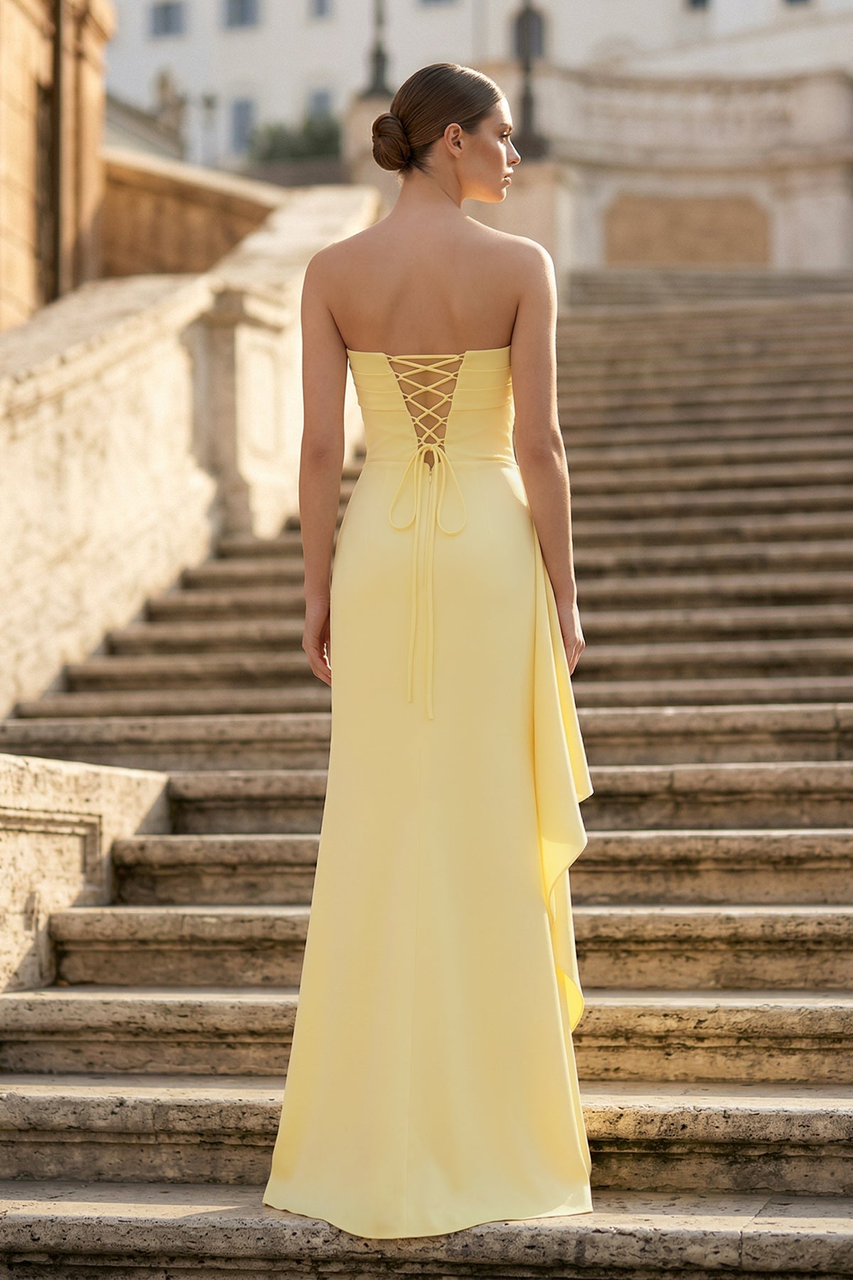 Yellow - Mermaid Strapless Satin Pleated Long Prom Dress with Slit