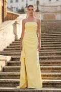 Yellow - Mermaid Strapless Satin Pleated Long Prom Dress with Slit