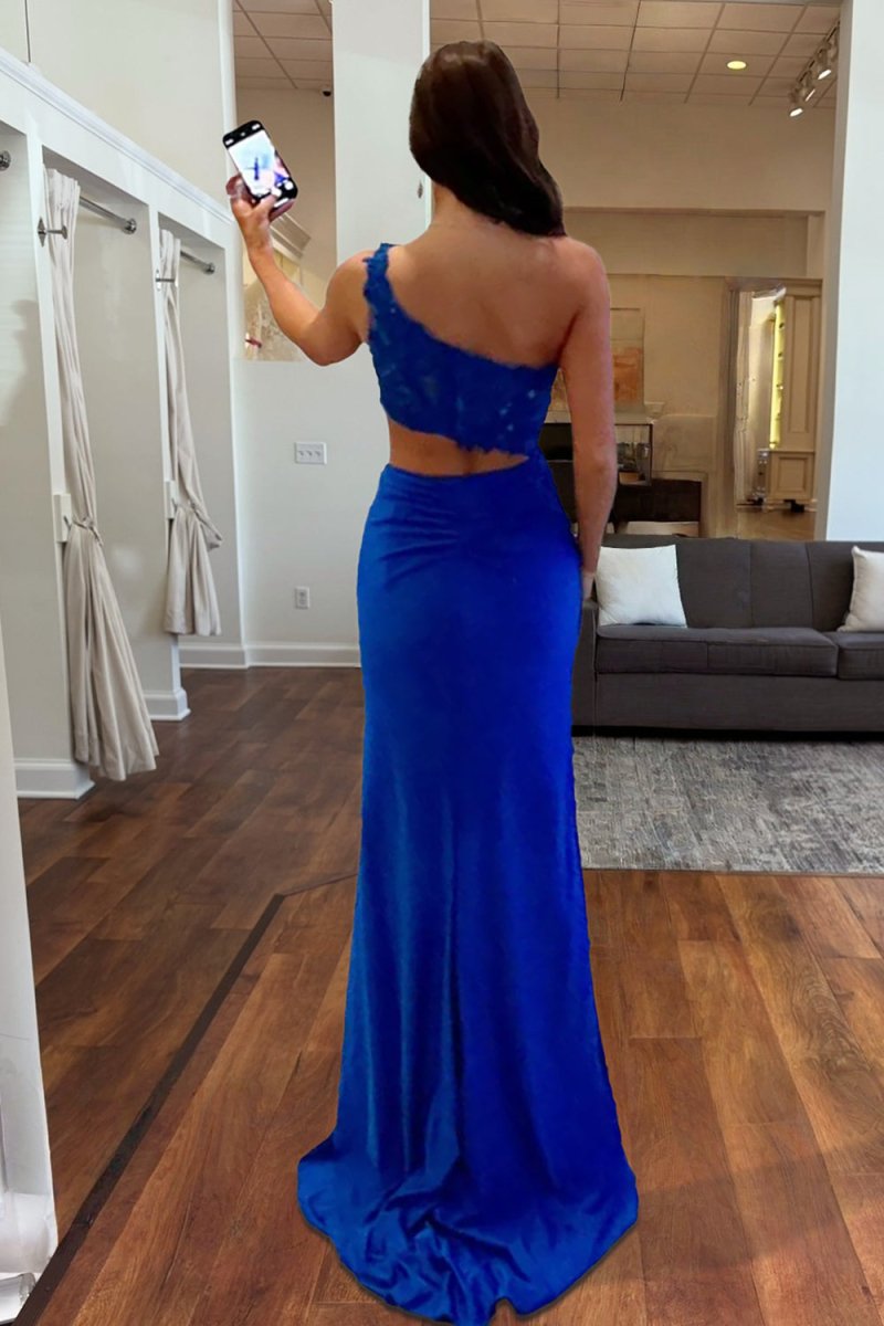 Royal Blue - One Shoulder Sheath Lace Appliqued Prom Dresses With Cutout