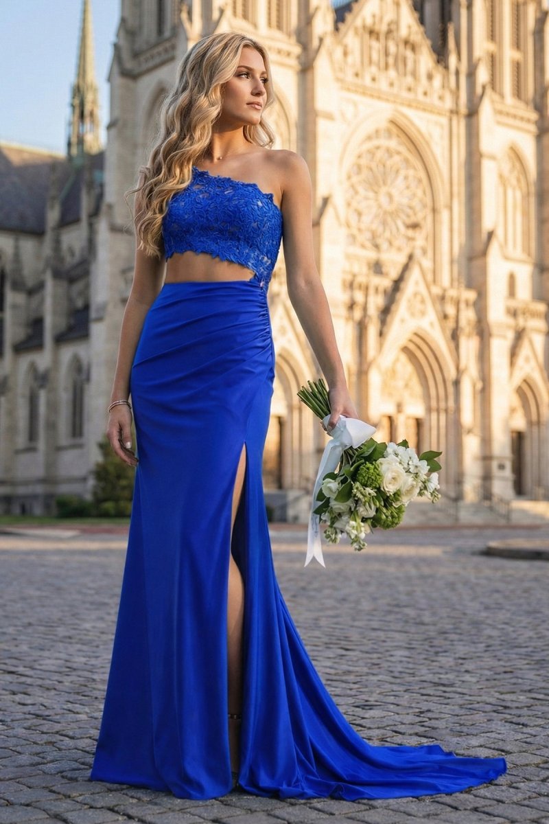 Royal Blue - One Shoulder Sheath Lace Appliqued Prom Dresses With Cutout