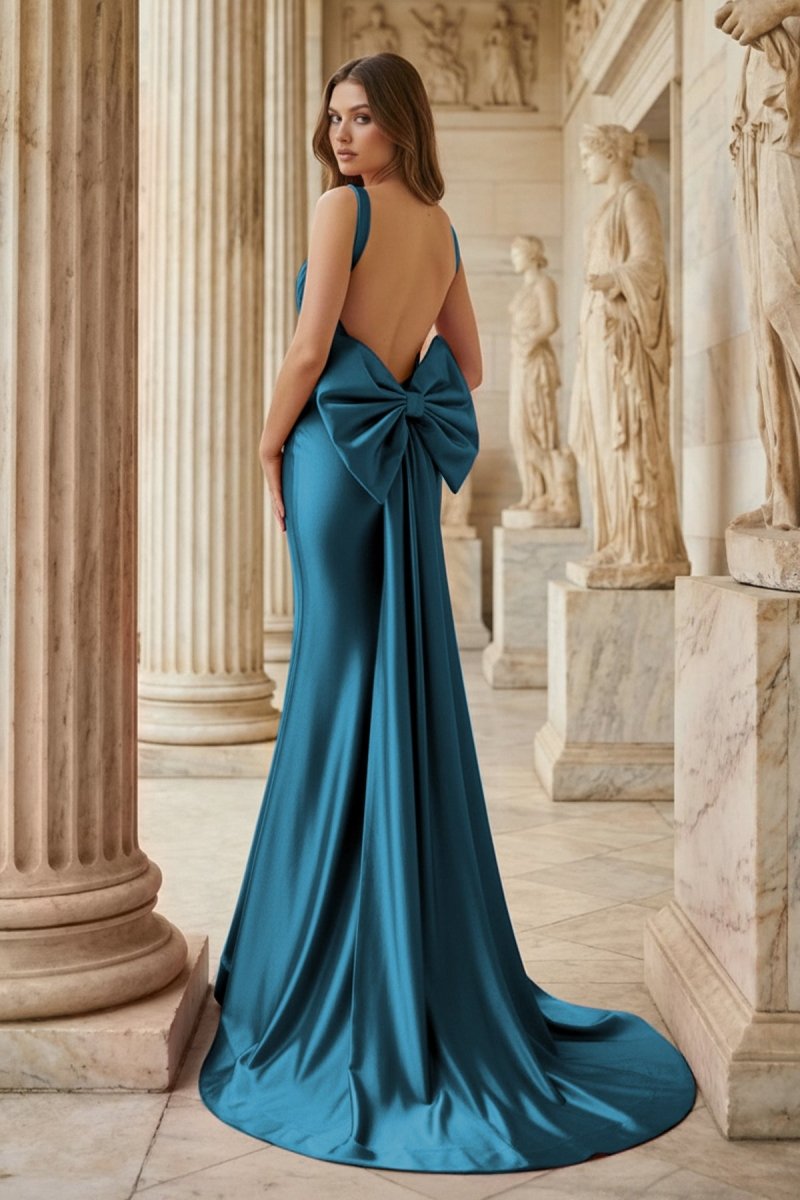 Fuchsia Square Neck Satin Mermaid Formal Gown with Bow