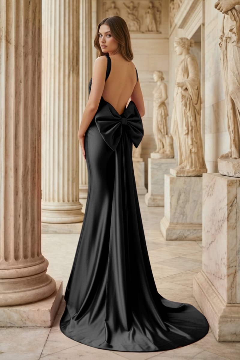 Fuchsia Square Neck Satin Mermaid Formal Gown with Bow