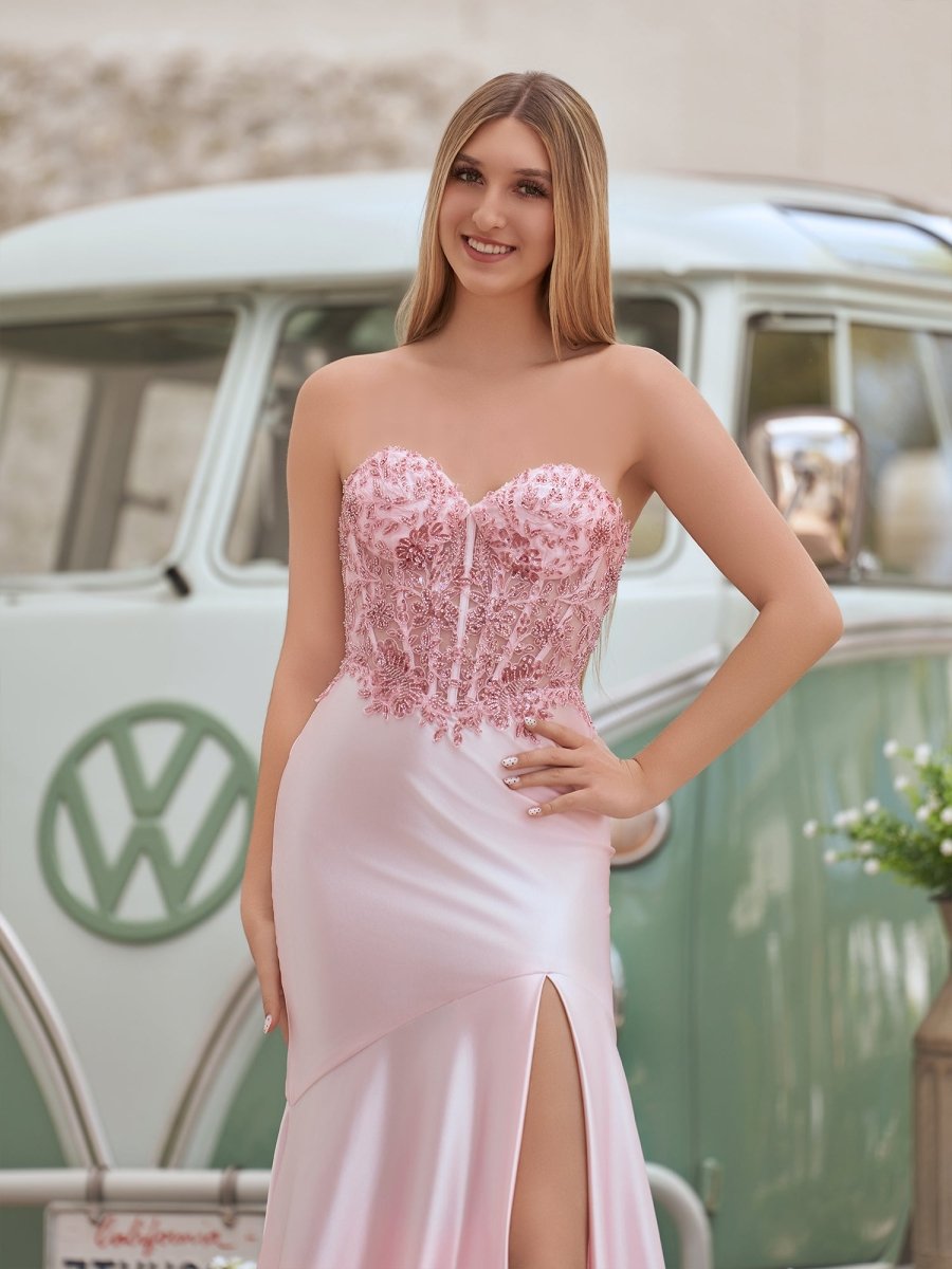 Mermaid Sweetheart Lace Satin Black Prom Dress with Slit