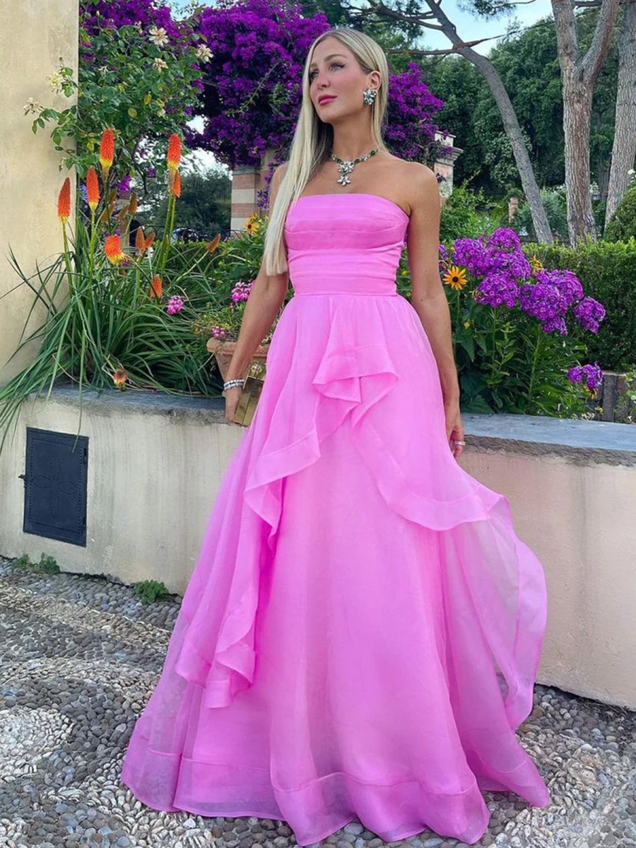 Light Pink A Line Strapless Organza Prom Dress
