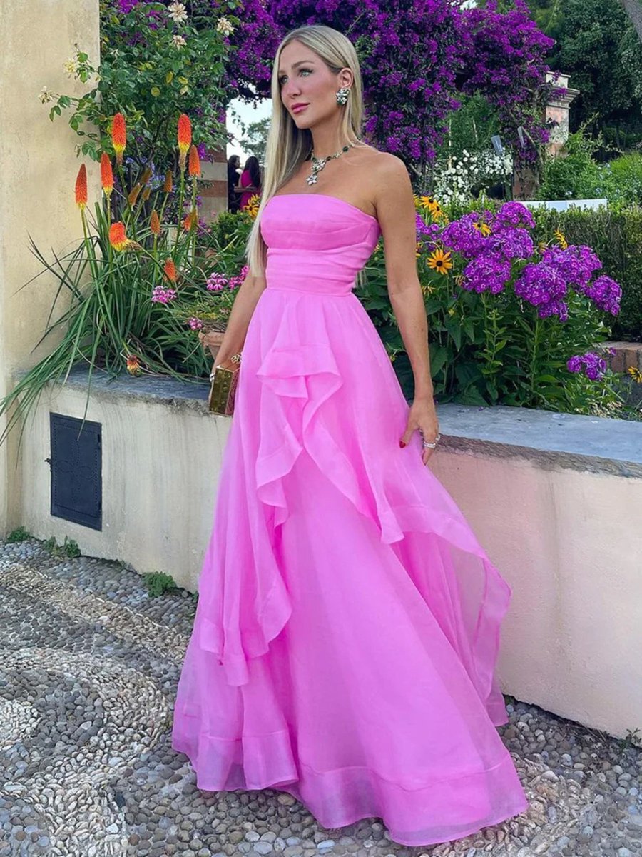 Light Pink A Line Strapless Organza Prom Dress
