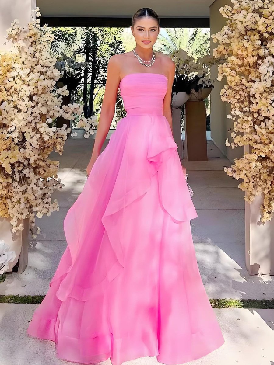 Light Pink A Line Strapless Organza Prom Dress