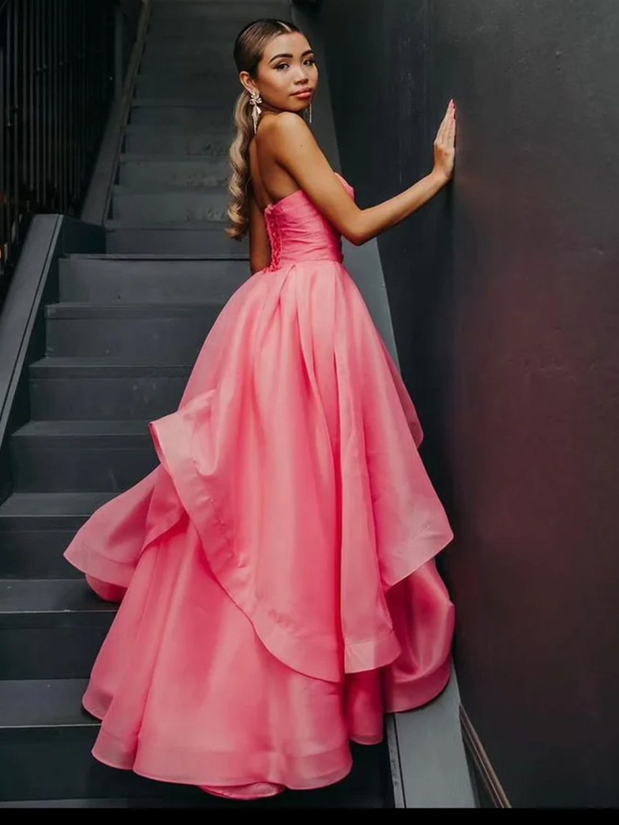 Light Pink A Line Strapless Organza Prom Dress