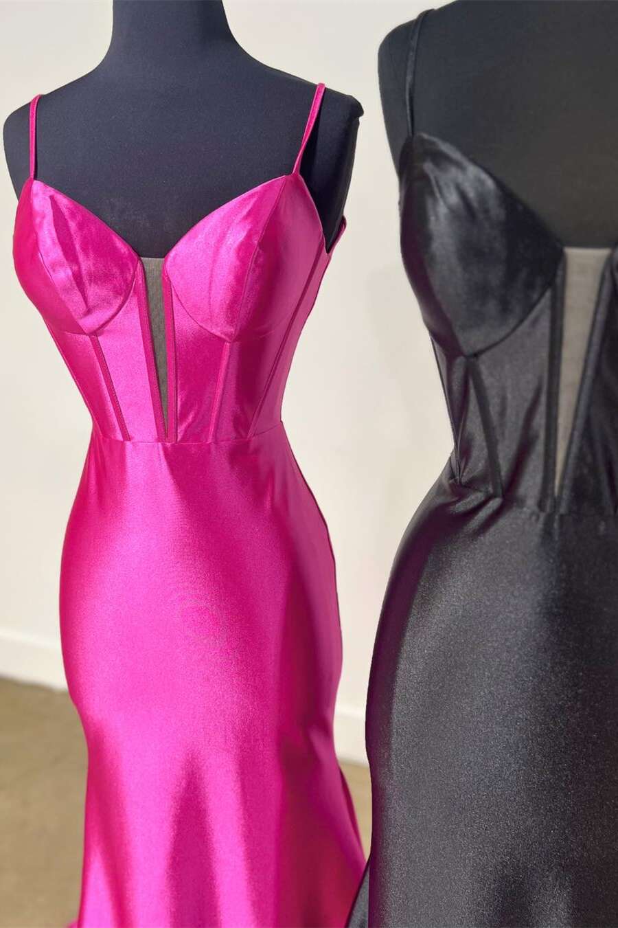Plunge Neck Black Satin Mermaid Long Prom Dress