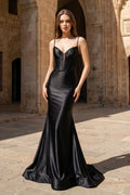 Plunge Neck Black Satin Mermaid Long Prom Dress
