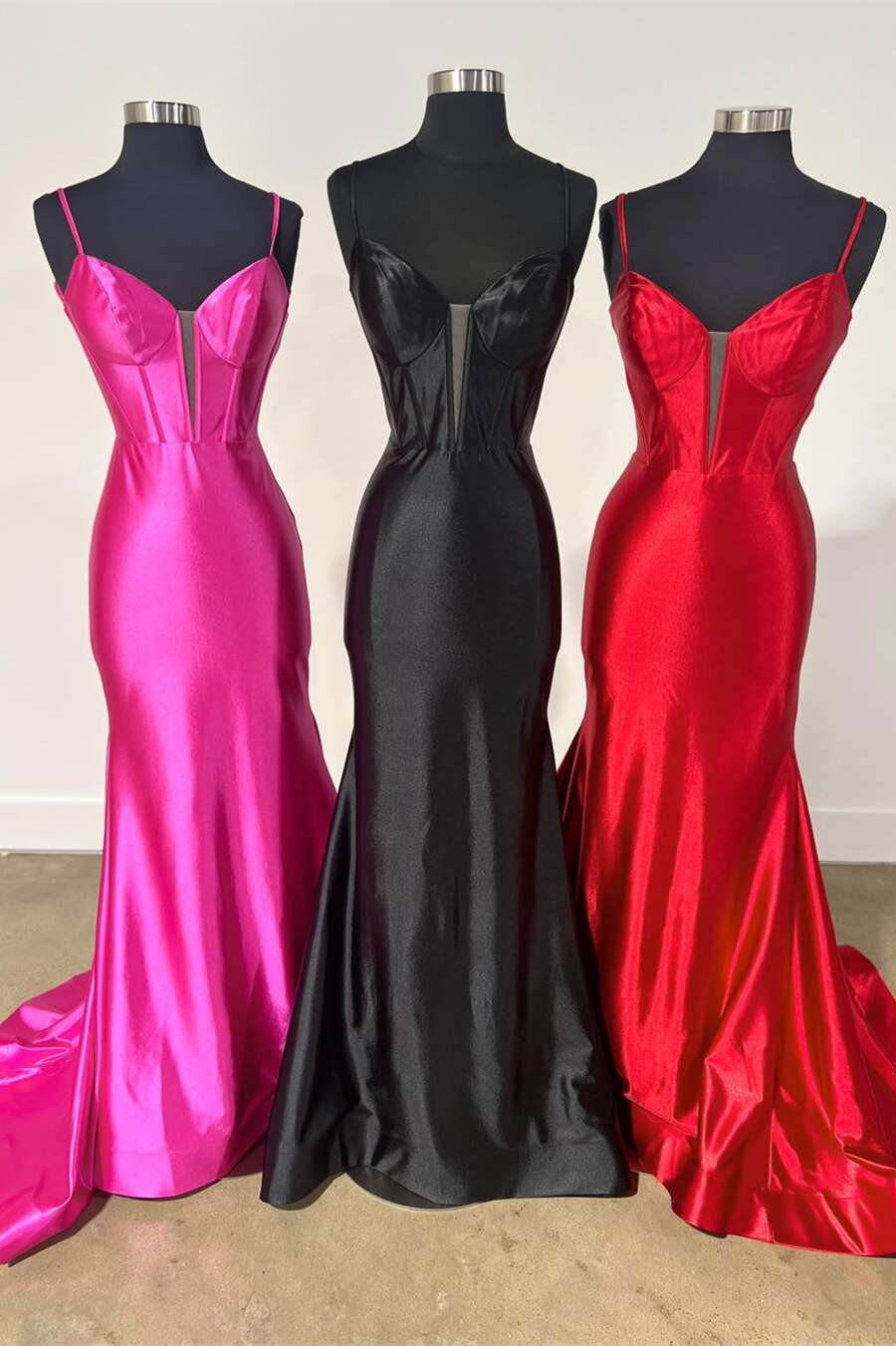 Plunge Neck Black Satin Mermaid Long Prom Dress