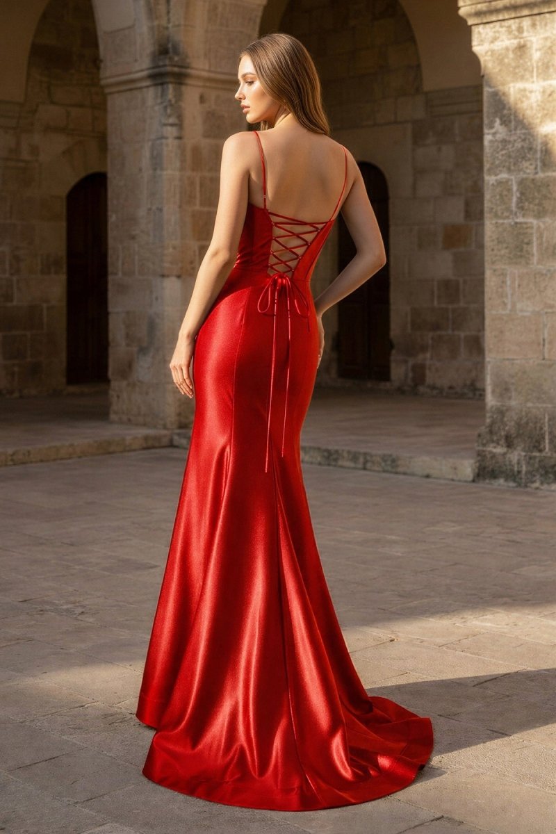 Plunge Neck Black Satin Mermaid Long Prom Dress