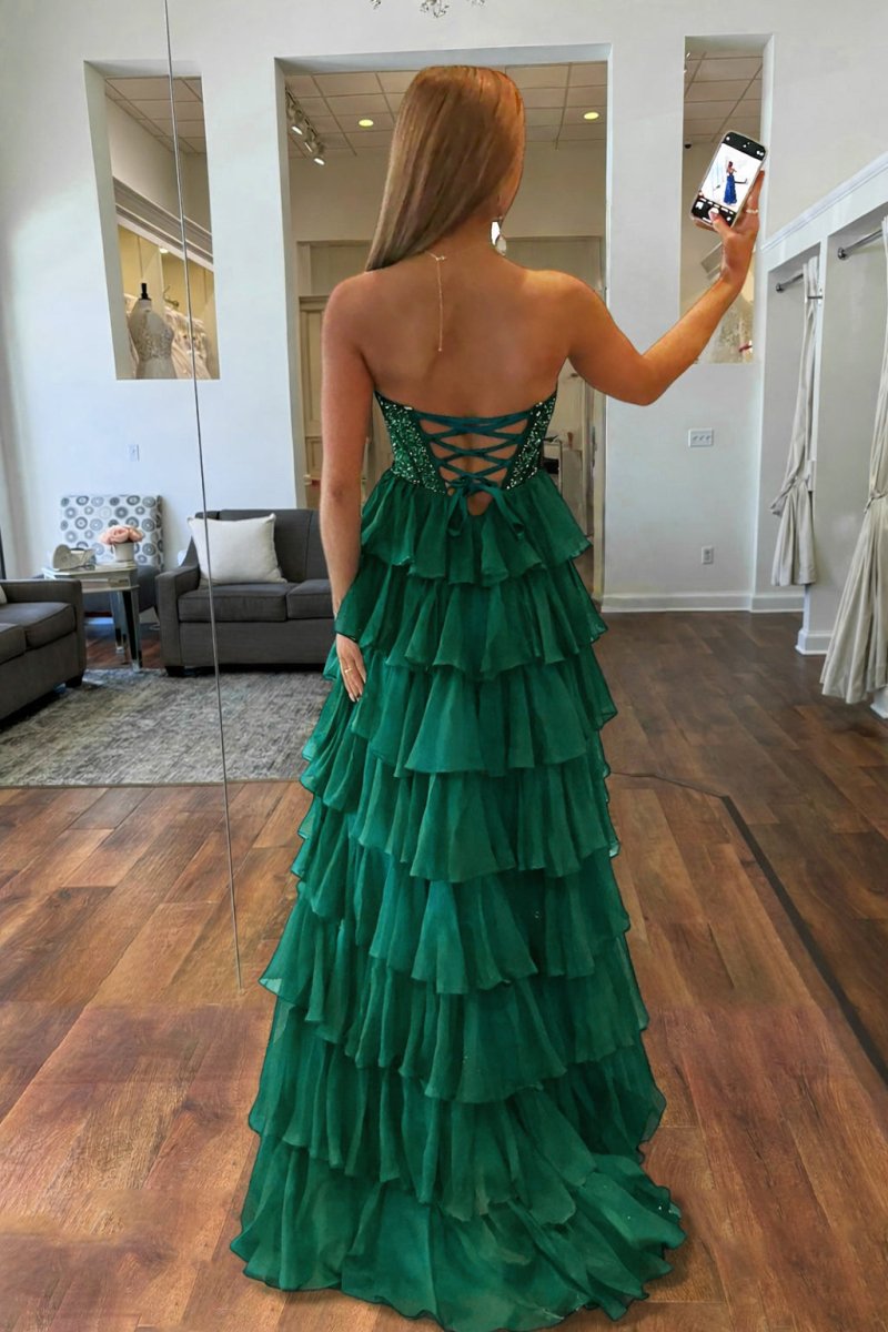 Emerald - A Line Strapless Chiffon Beaded Corset Long Prom Dress With Slit