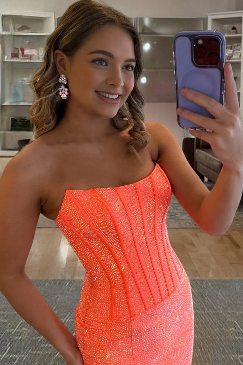 Orange - Strapless Mermaid Satin Beaded Corset Long Formal Prom Dresses With Slit
