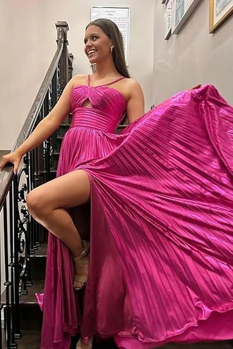 Metallic Keyhole Spaghetti Strap Long Prom Dress with Slit