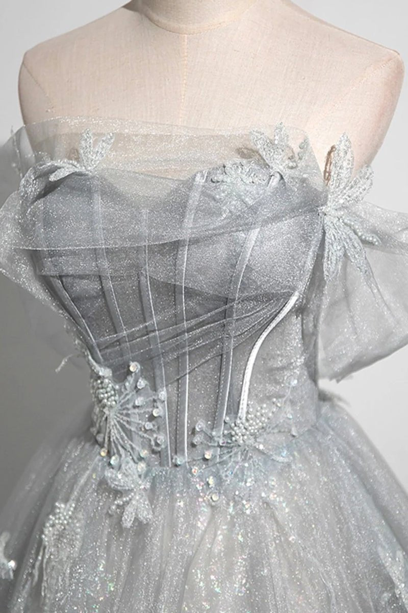 Gray A-Line Off the Shoulder Tulle Prom Dress, Lovely Corset Floor Length Party Dress