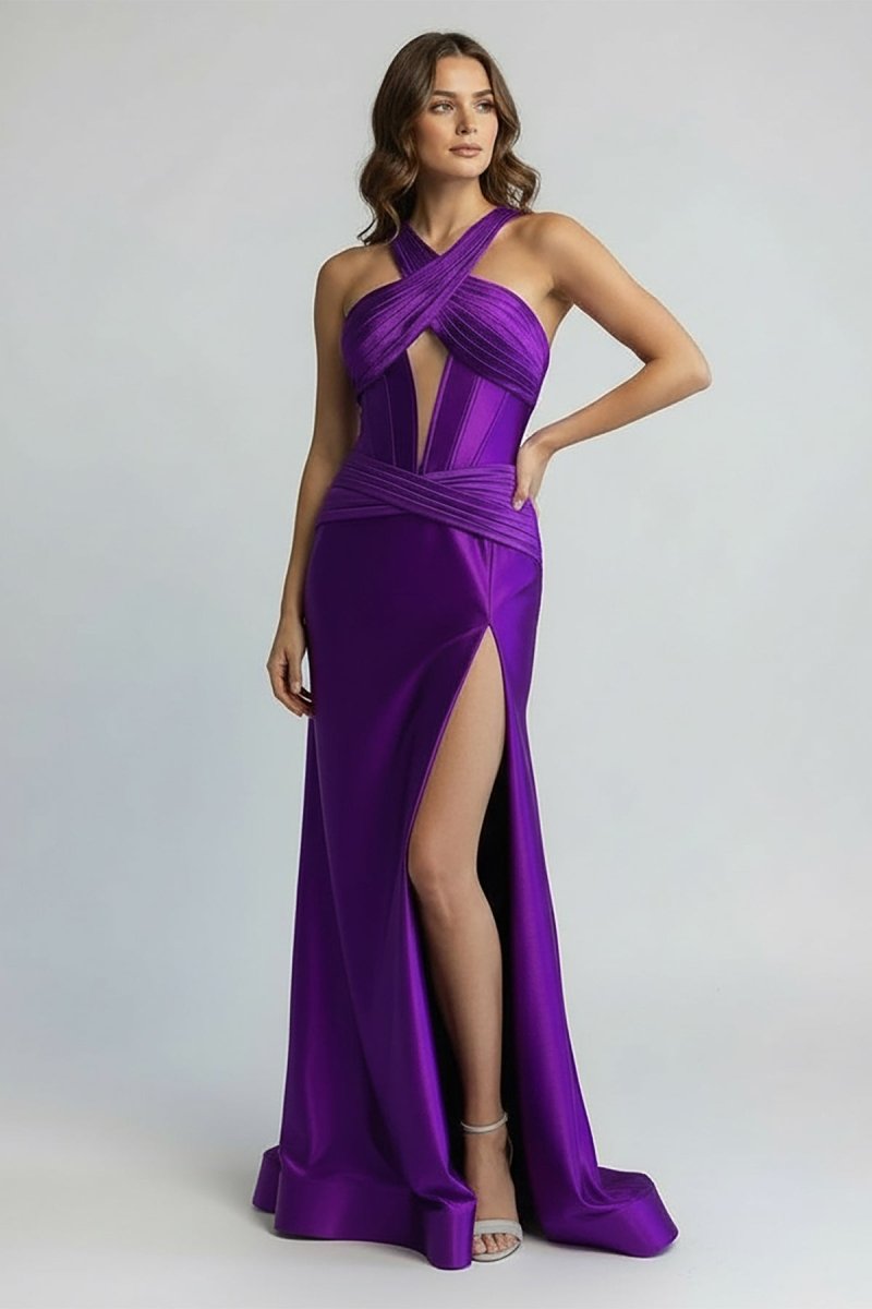 Green Satin Mermaid Slit Prom Dress with Criss Cross Neck