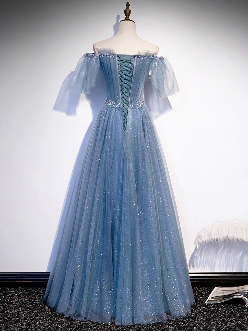 Off The Shoulder Tulle Flare Sleeves Beaded Sequin Prom Dresses Formal Evening Dresses