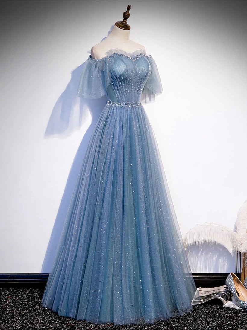 Off The Shoulder Tulle Flare Sleeves Beaded Sequin Prom Dresses Formal Evening Dresses