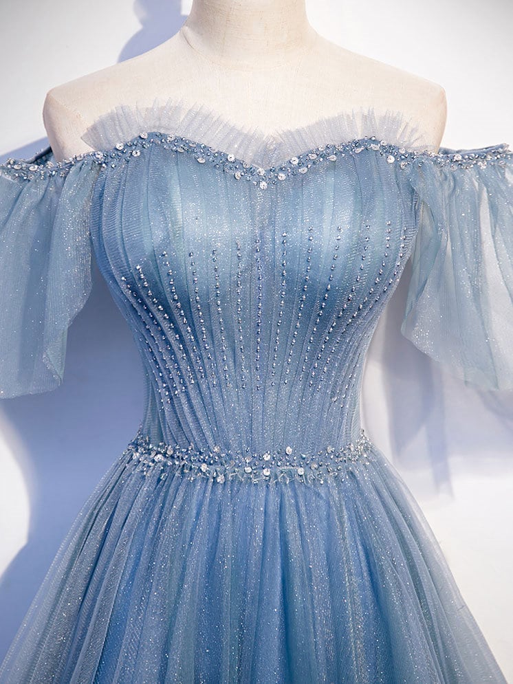 Off The Shoulder Tulle Flare Sleeves Beaded Sequin Prom Dresses Formal Evening Dresses