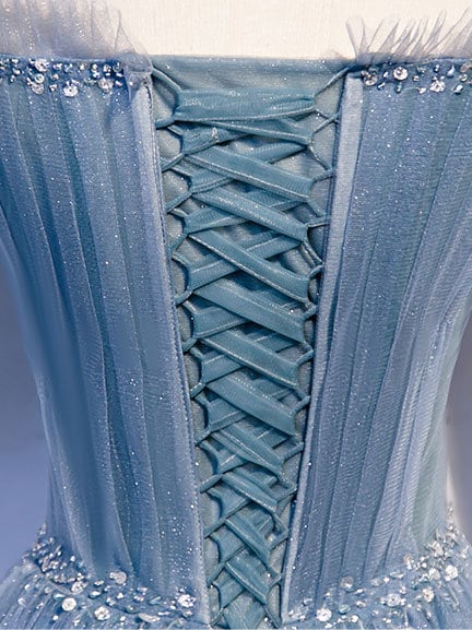 Off The Shoulder Tulle Flare Sleeves Beaded Sequin Prom Dresses Formal Evening Dresses