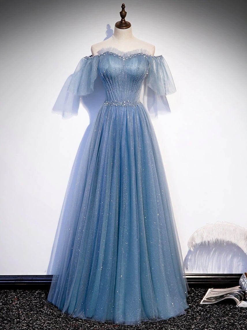 Off The Shoulder Tulle Flare Sleeves Beaded Sequin Prom Dresses Formal Evening Dresses