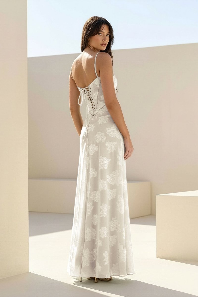 Pink Sheath Satin Floral Spaghetti Straps Long Prom Dresses