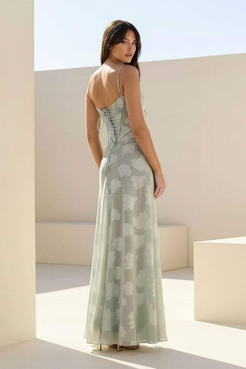 Pink Sheath Satin Floral Spaghetti Straps Long Prom Dresses